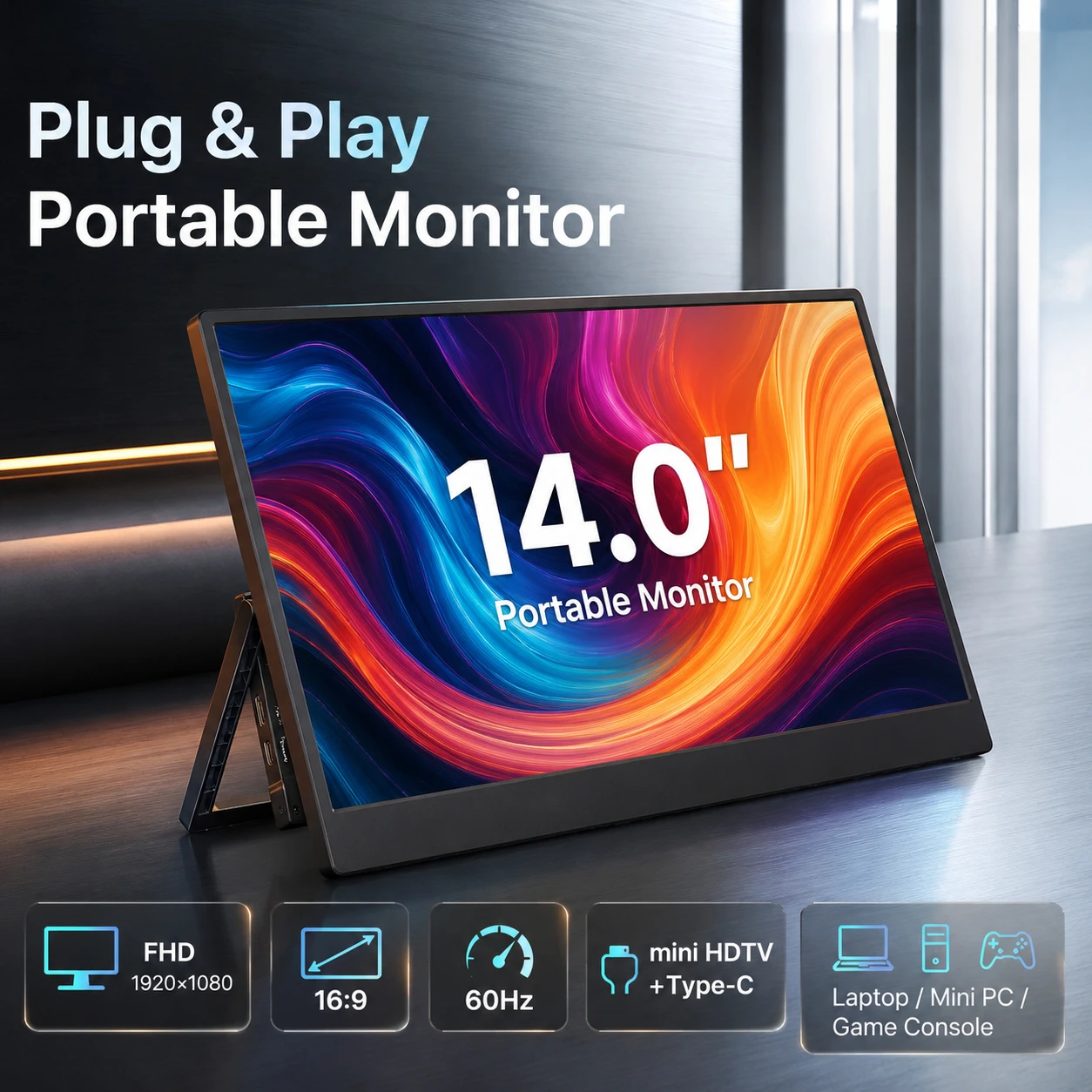 LESOWN 14/16 Inch Touch Screen LCD Monitor 60Hz Type-C Mini HDTV VESA 75 Black Plastic Case for Laptop External Display Setup