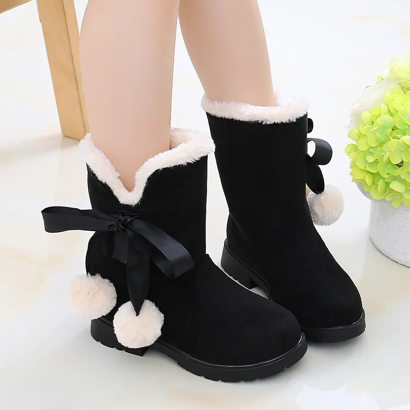 WinterGirls Add Velvet Cotton Boots Princess Children Fashion Snow Boots  Ribbon Bows Plush Poms Short Boots Antiskid Keep Warm
