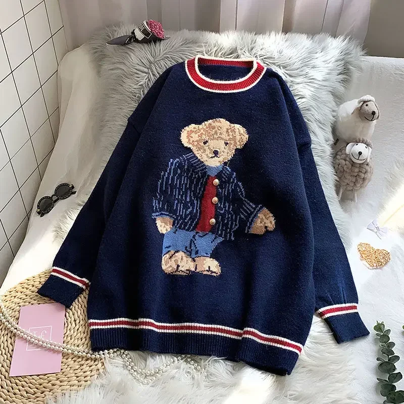 Kimotimo Cute Bear Jacquard Sweater Women Autumn Winter Contrast Color O-neck Loose Pullover Fashion Lazy Knitted Tops Vintage