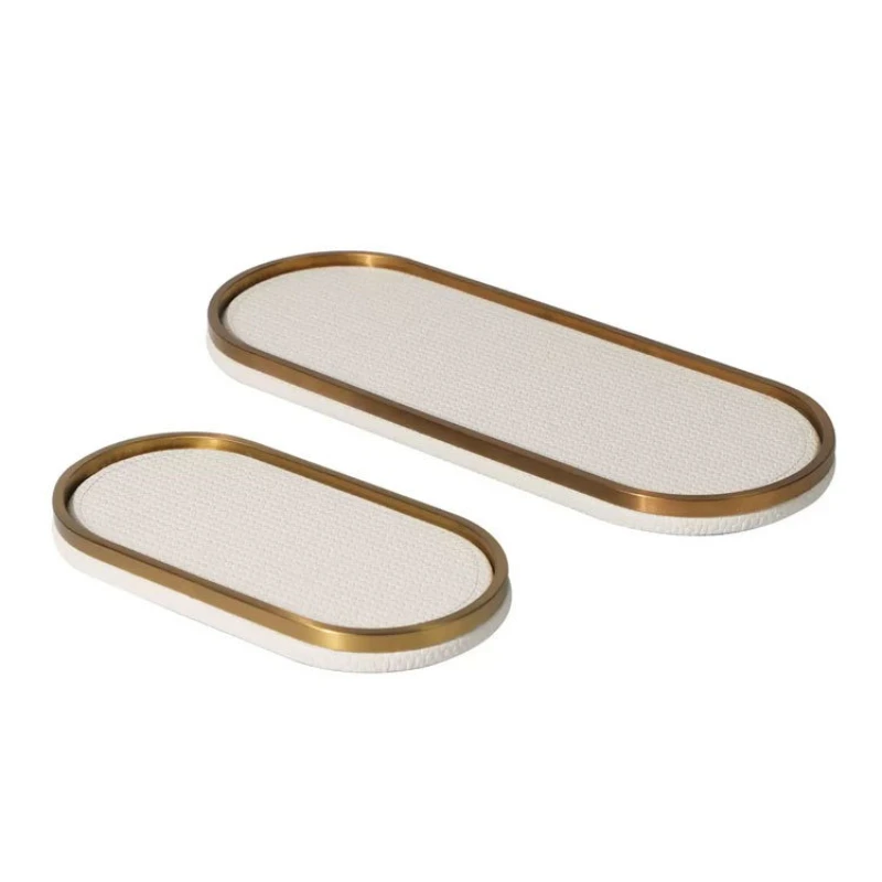 

Modern simple light luxury leather metal oval tray, storage plate model room hotel living room table top ornament