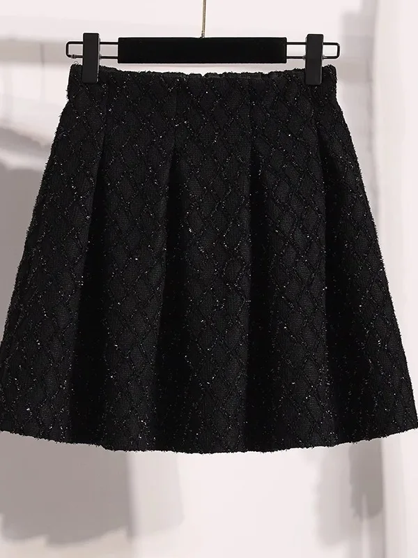 Elegant Black Heavy Embellished  Skirt High Waist A-Line Short Skirt Shiny Sequins Flexible Waist plus Size Women's Skirt
