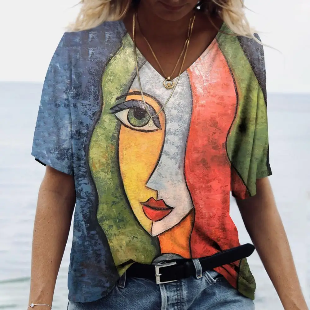 Women V Neck Short Sleeve T-shirt Picasso Style Cubist Abstract Face Art Print Loose Casual Summer Ladies Fashion Graphic Tee