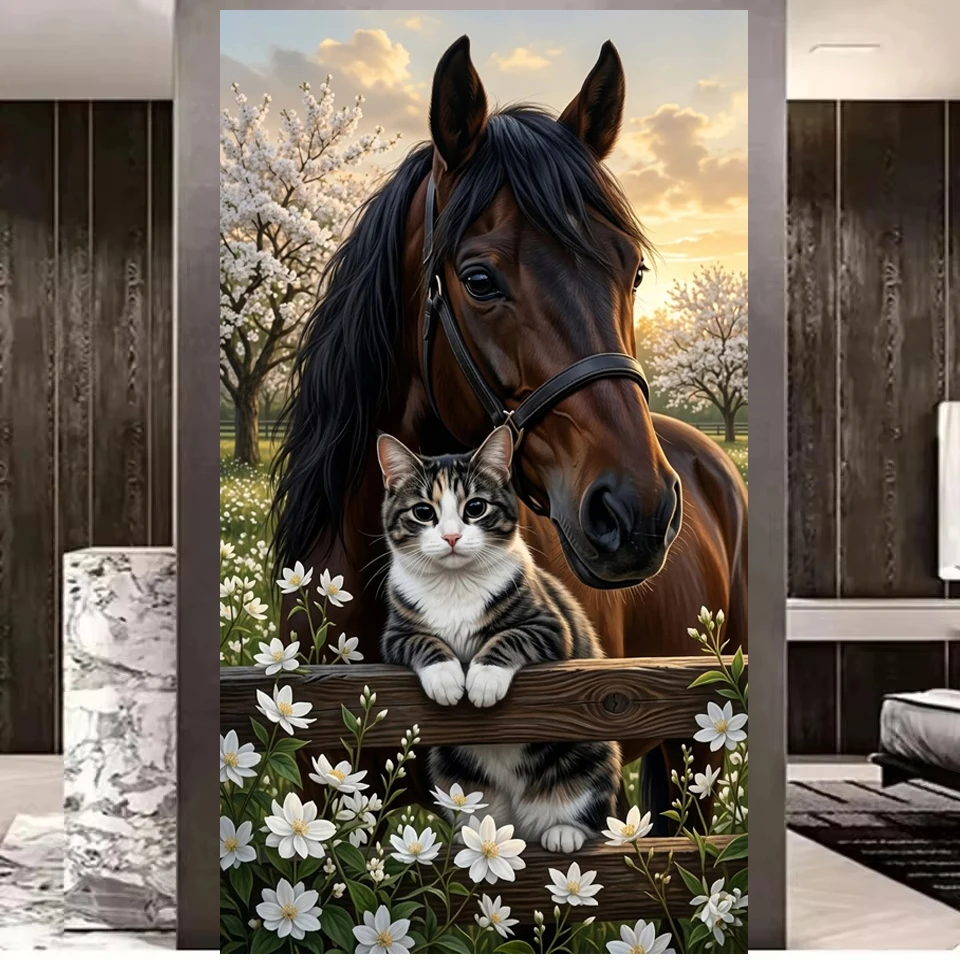 

5D Diamond Painting Horse & Cat Full Drill DIY Diamond Art Kits, Spring Flower Farm Mosaic Embroidery Home Decor Gift for Adults