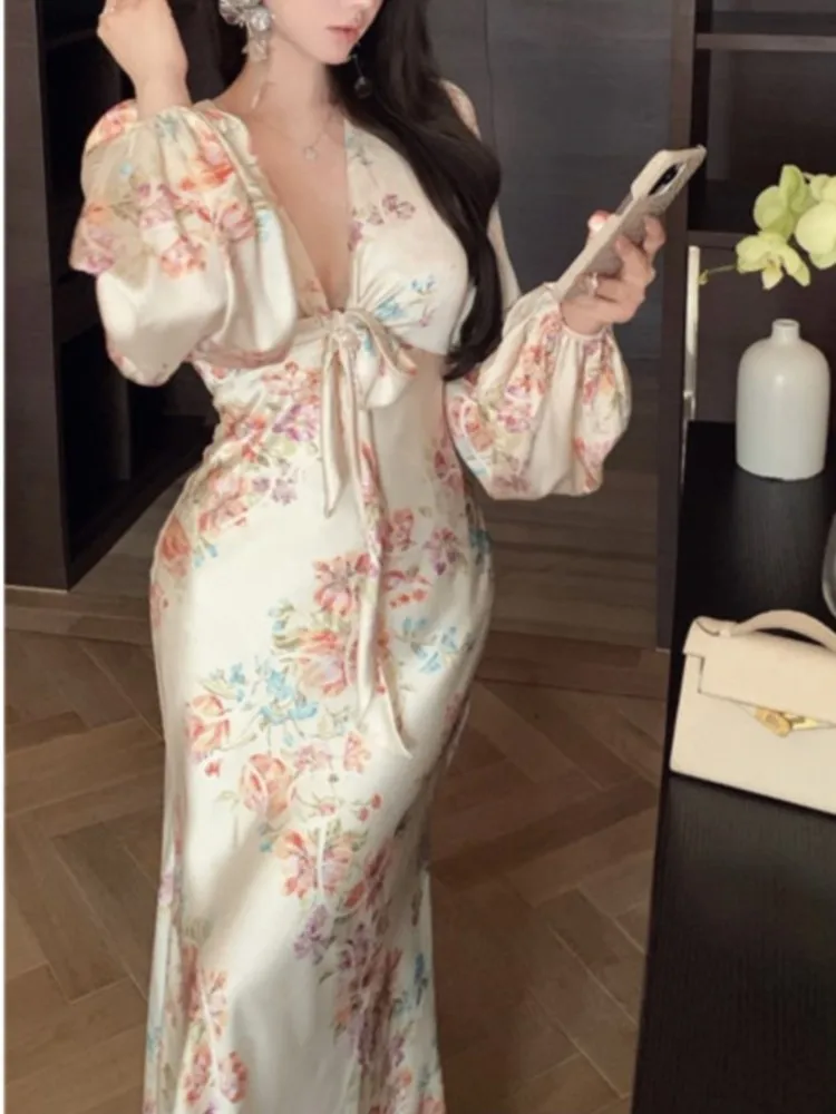 

Женское облегающее платье-русалка, элегантное вечернее платье с принтом, рукавами-фонариками и V-образным вырезом, весна-осень 2024