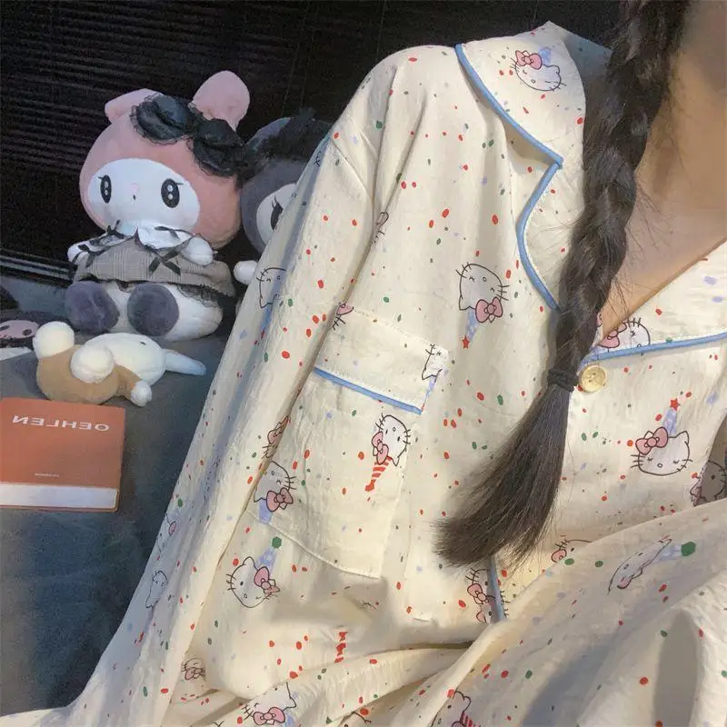 Hello Kitty Kawaii Brown Striped Pajamas and Girls Long-Sleeved Tops Ins Sanrio Sweet Cardigan Casual Home Wear Set Hot