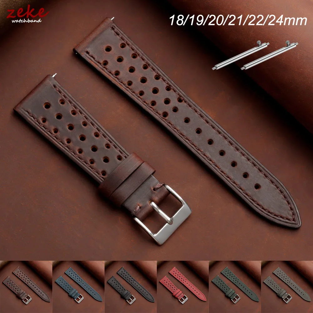 Vintage Racing Leather Watch Strap for Omega 18mm 19mm 20mm 21mm 22mm 24mm Quick Release Strap Brown Breathable Porous Watchband