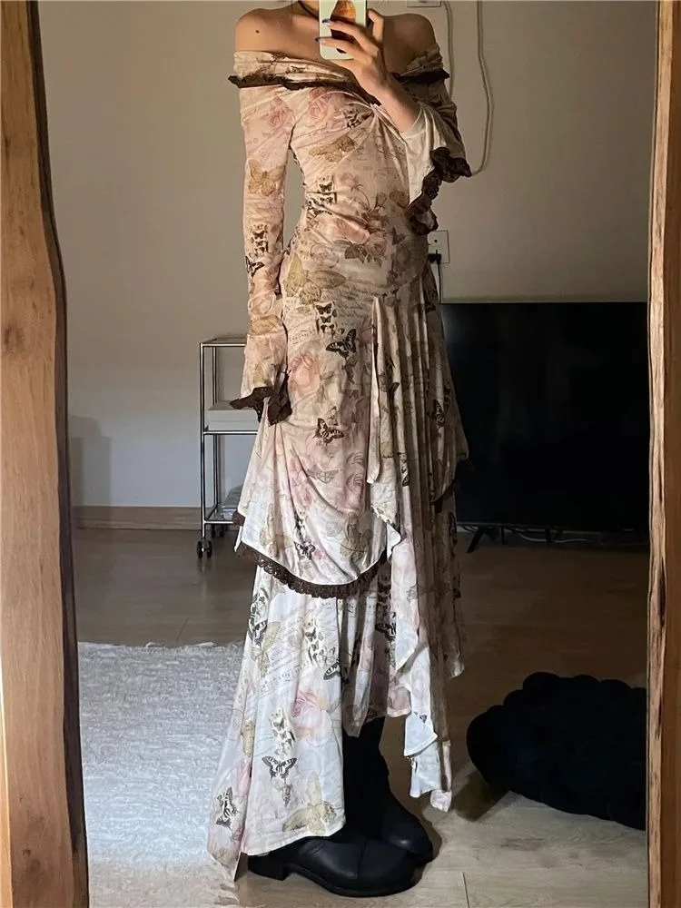 Elegant Vintage Slash Neck Lace Dress for Women Flare Sleeve Butterfly Print Dresses Y2k Irregular Slim Fit Vestidos Mujer