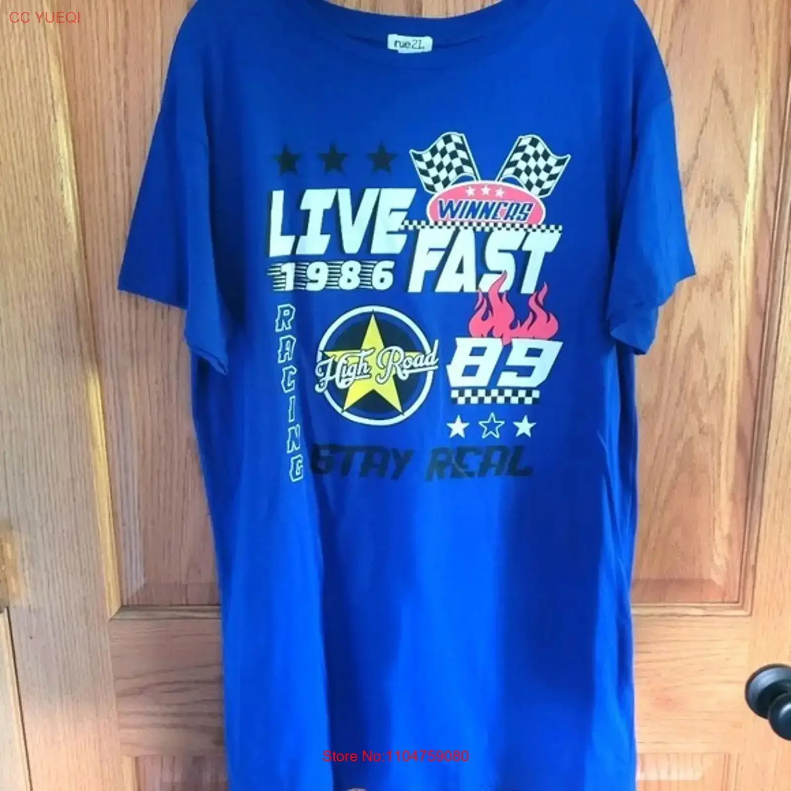 Camiseta Azul para Hombre Rue21, Estilo Racing High Road Live Fast 1986, Nueva con Etiqueta, Talla M, Vintage, Lavada, Informal, de Diseñador, Unisex, Ligeramente Usada