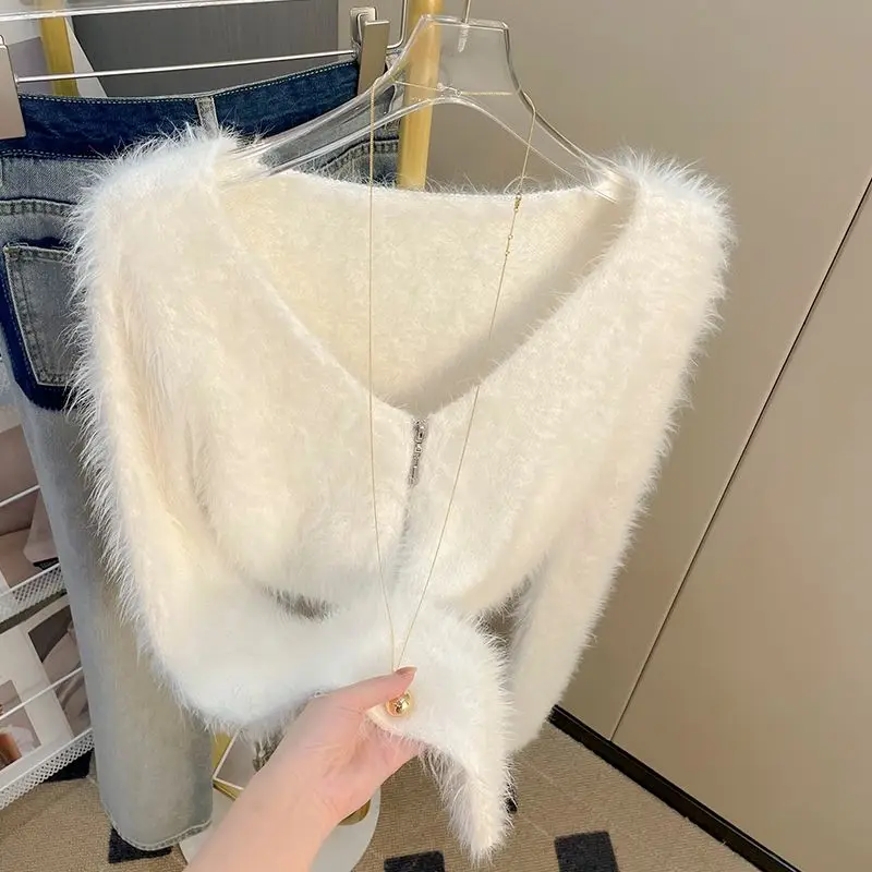 Korejpaa Imitation Mink Fur Knitted Cardigan Sweaters Women Autumn Short Sweater Jacket Gentle V Neck Slimming Cardigans Top