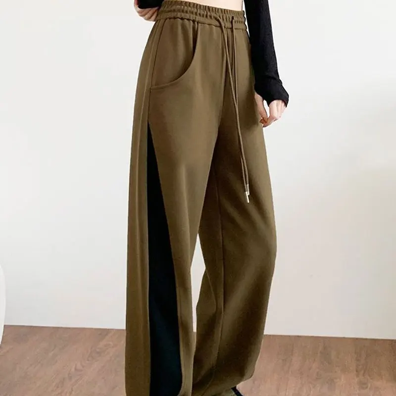 

Streetwear Normcore Wide Leg Pants Fashion Loose Patchwork Drawstring Pocket Side Stripe Elastic Waist Pleated Women's Clothing