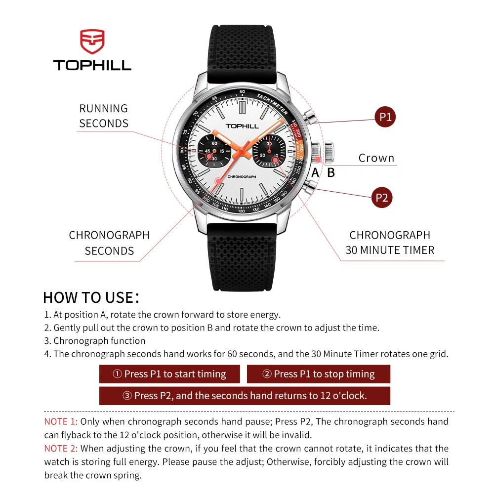 TOPHILL Limited 1963 Watches Luminous Panda Watch ST19 Seagull Movement Men\'s Wristwatch Mechanical Chronograph Sappire Military