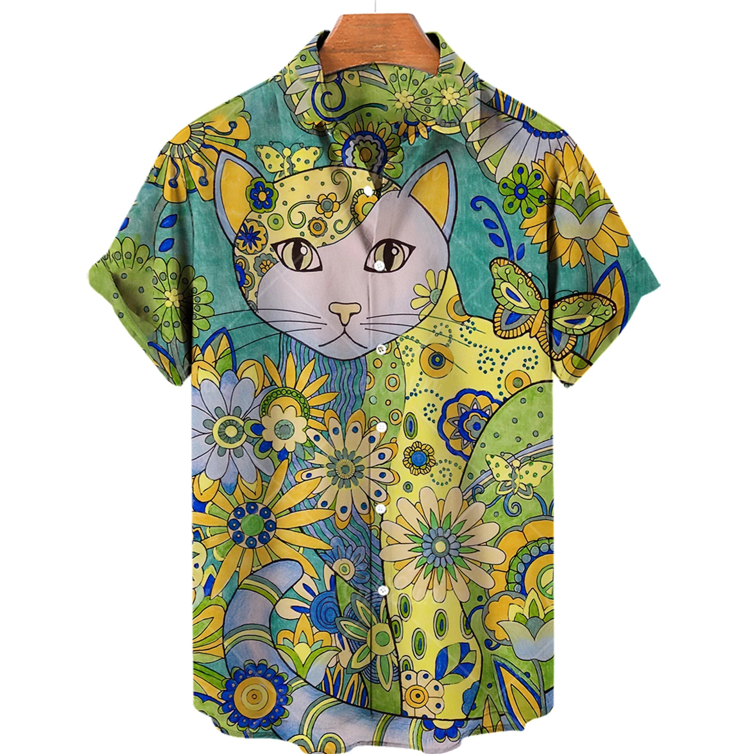 Hawaiian Summer Man Plus Size Shirt Floral 3d Lapel Casual Short Sleeve Anime Cartoon Clothes Street Retro Cat Sale Manga Curta