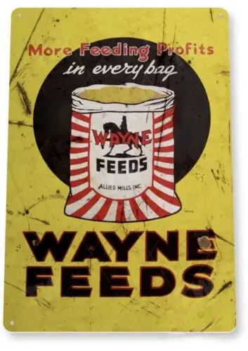 WAYNE FEEDS TIN SIGN AG BUSINESS RUSTIC TRACTOR ALLIED MILLS MORE FEED 12X18 in