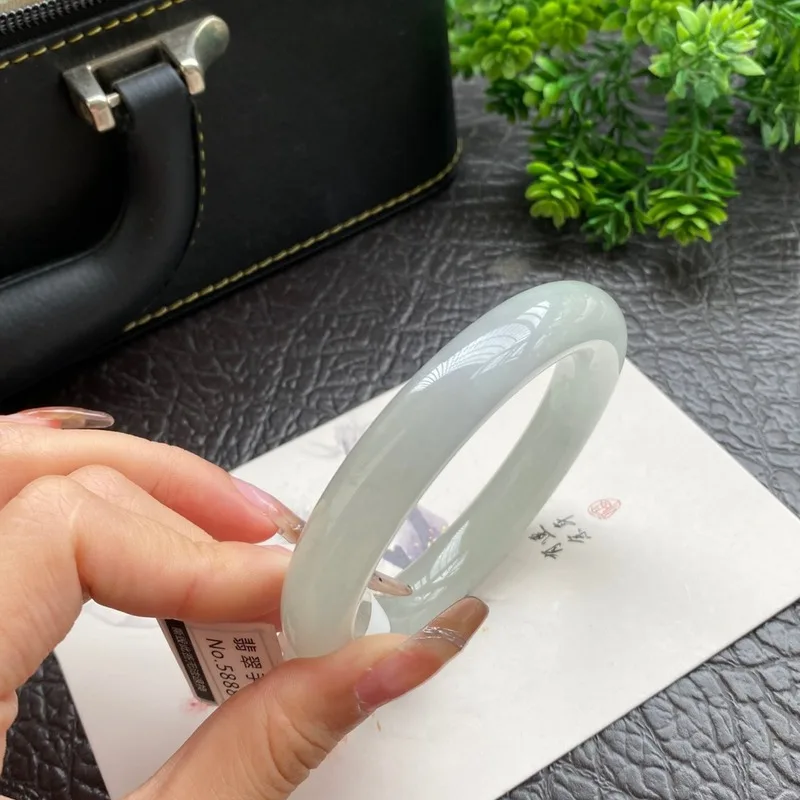 Myanmar for women, soft jadeite light green with floral patterns, solid color, thick round bracelet, elegant an view 3