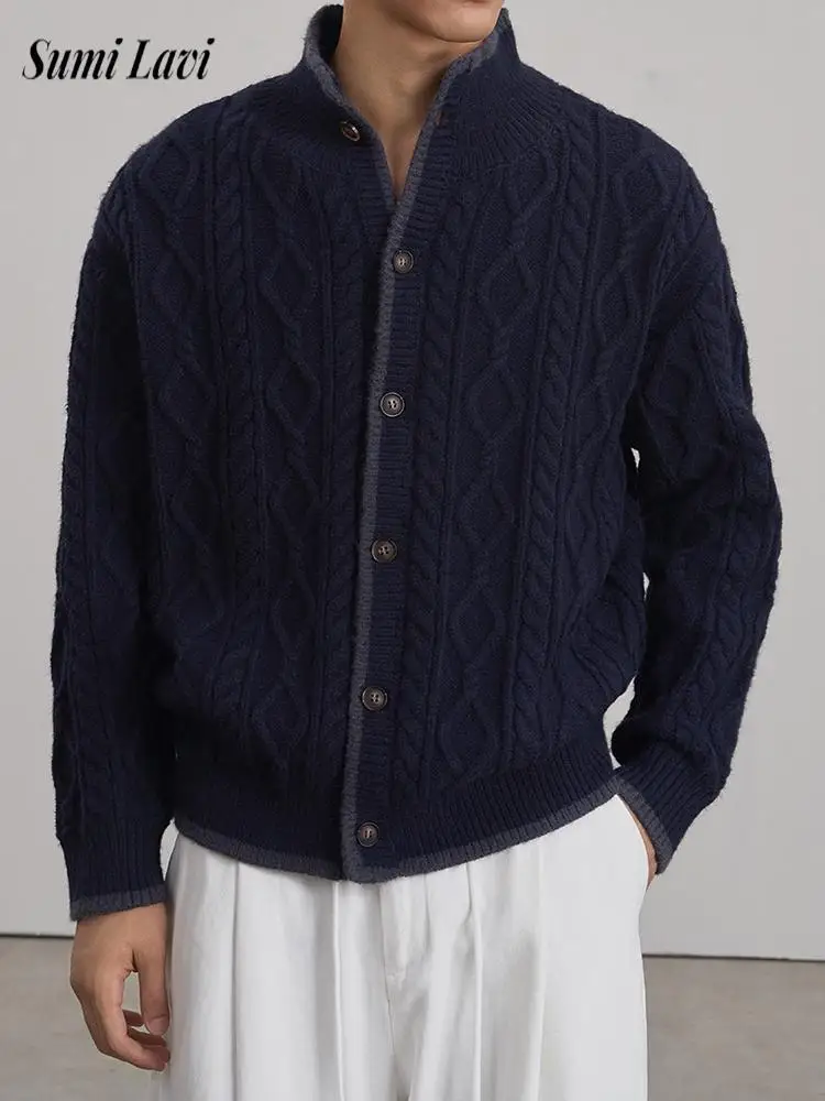 

Уличная одежда, осенне-зимняя мужская вязаная куртка, винтажный свитер на пуговицах с воротником-стойкой, кардиган для мужчин, повседневные повседневные вязаные пальто