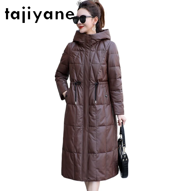 TAJIYANE chaqueta acolchada de piel de oveja auténtica para mujer, abrigos largos y ajustados con capucha de plumas de ganso, chaquetas de cuero genuino de lujo, ropa de mujer 2025