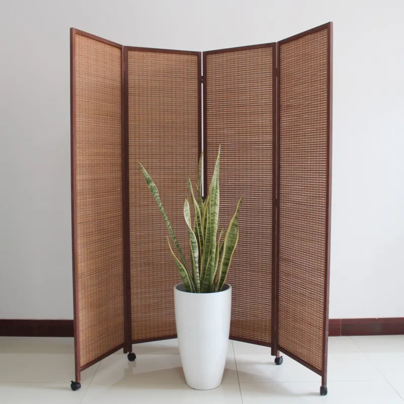 Screen partition pulley solid wood bamboo shading Chinese push-pull folding mobile simple entrance tea room retro folding screen