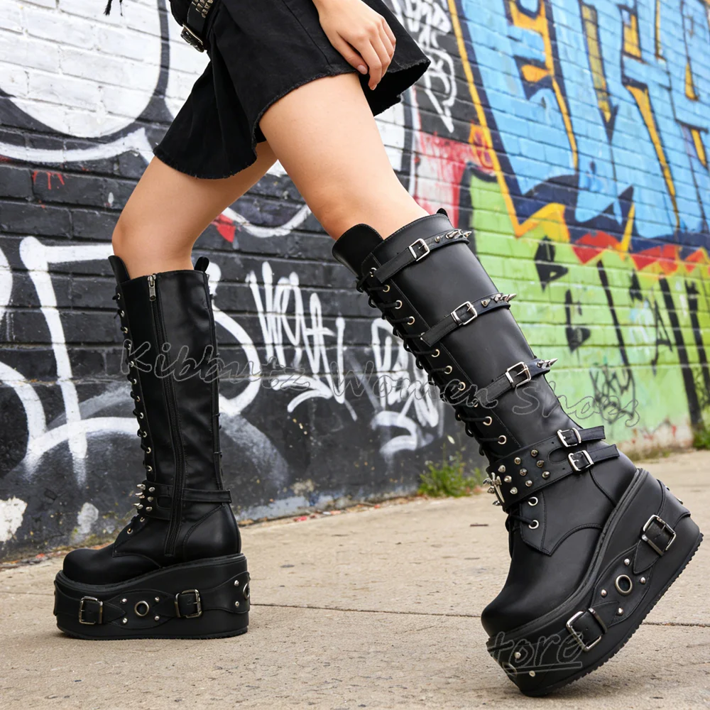 

Ботинки до колена на платформе с металлическими пряжками и декором в стиле готика/панк-рок, женские, с круглым носком, на толстой подошве, кожаные, модные, люксовые, новые