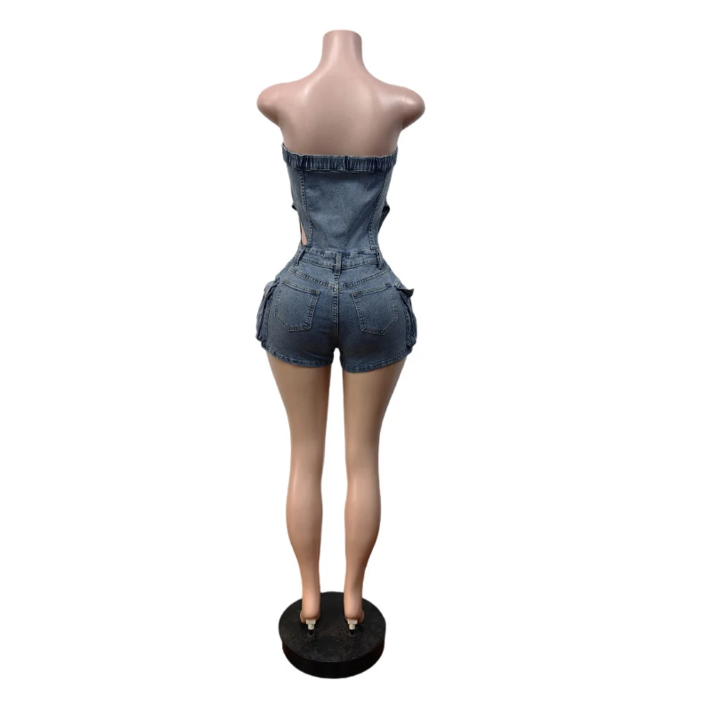 2026 Neuer Trendiger Damen-Jeans-Romper Schulterfreier Modischer Overall mit Taschen-Patchwork Stretch-Jeans Lässiger Vintage Bodycon Jumpsuit – Detail 8