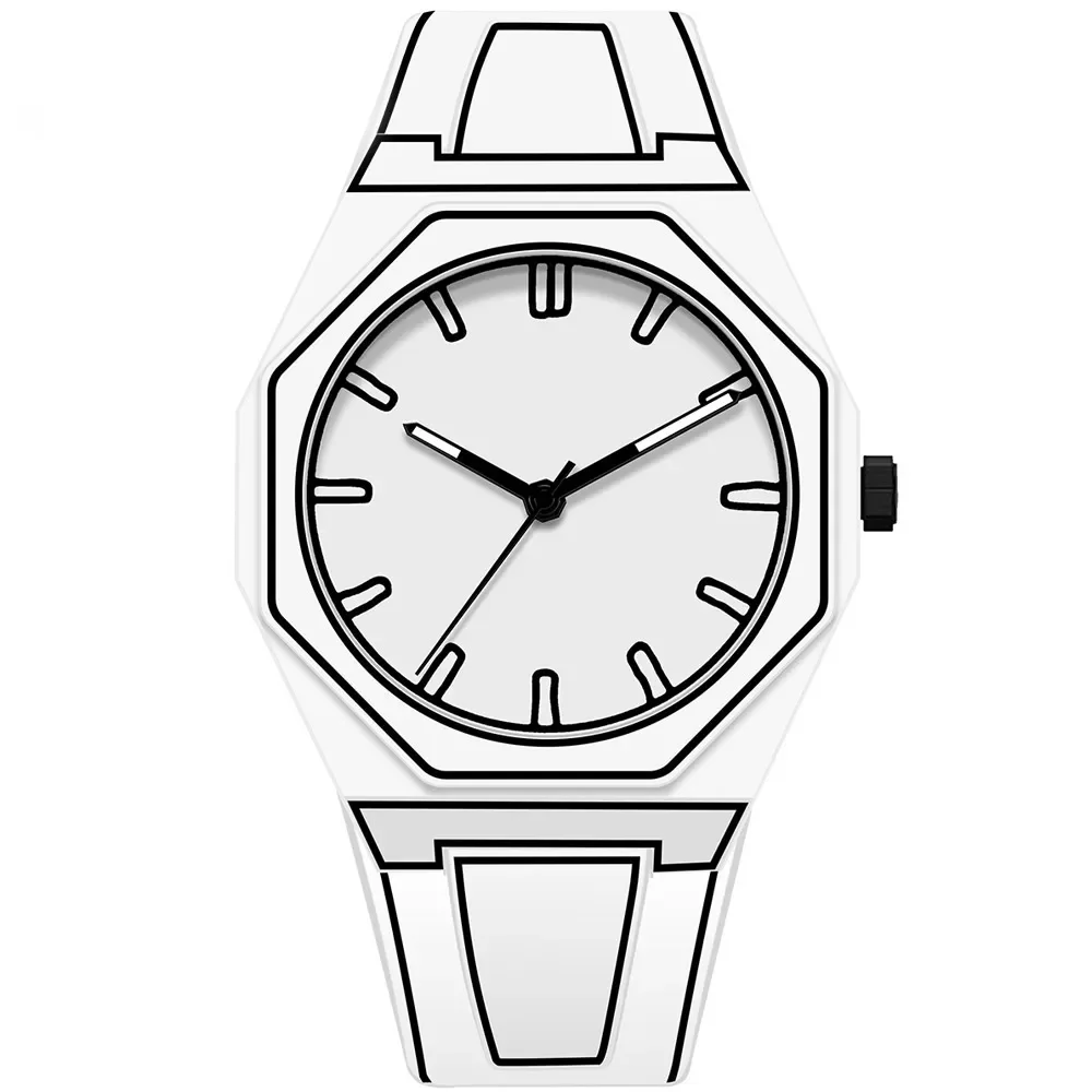 موضة جديدة أبيض وأسود رسم تصميم جولة الطلب الكبير التقويم مقاوم للماء الأعمال ووتش الترفيه الرياضة على مدار الساعة للرجال