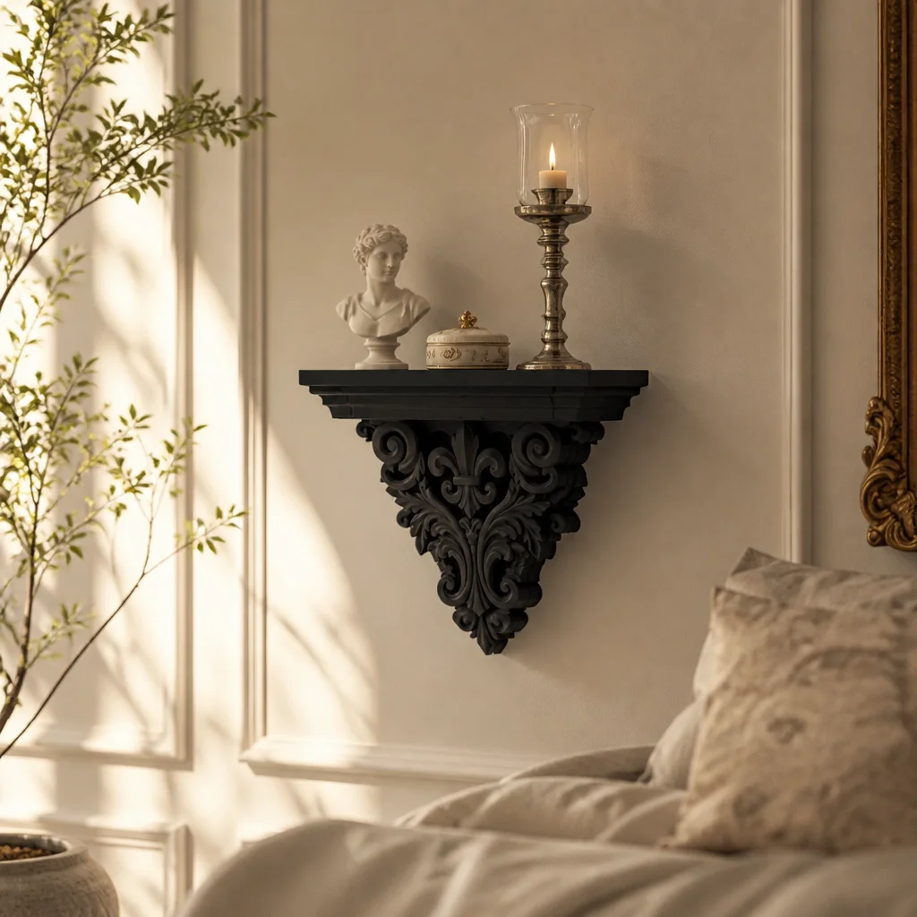 Vintage Ornate Floating Wall Shelf, Black Resin Decorative Corbel Bracket Shelf for Candles Figurines Entryway Decor