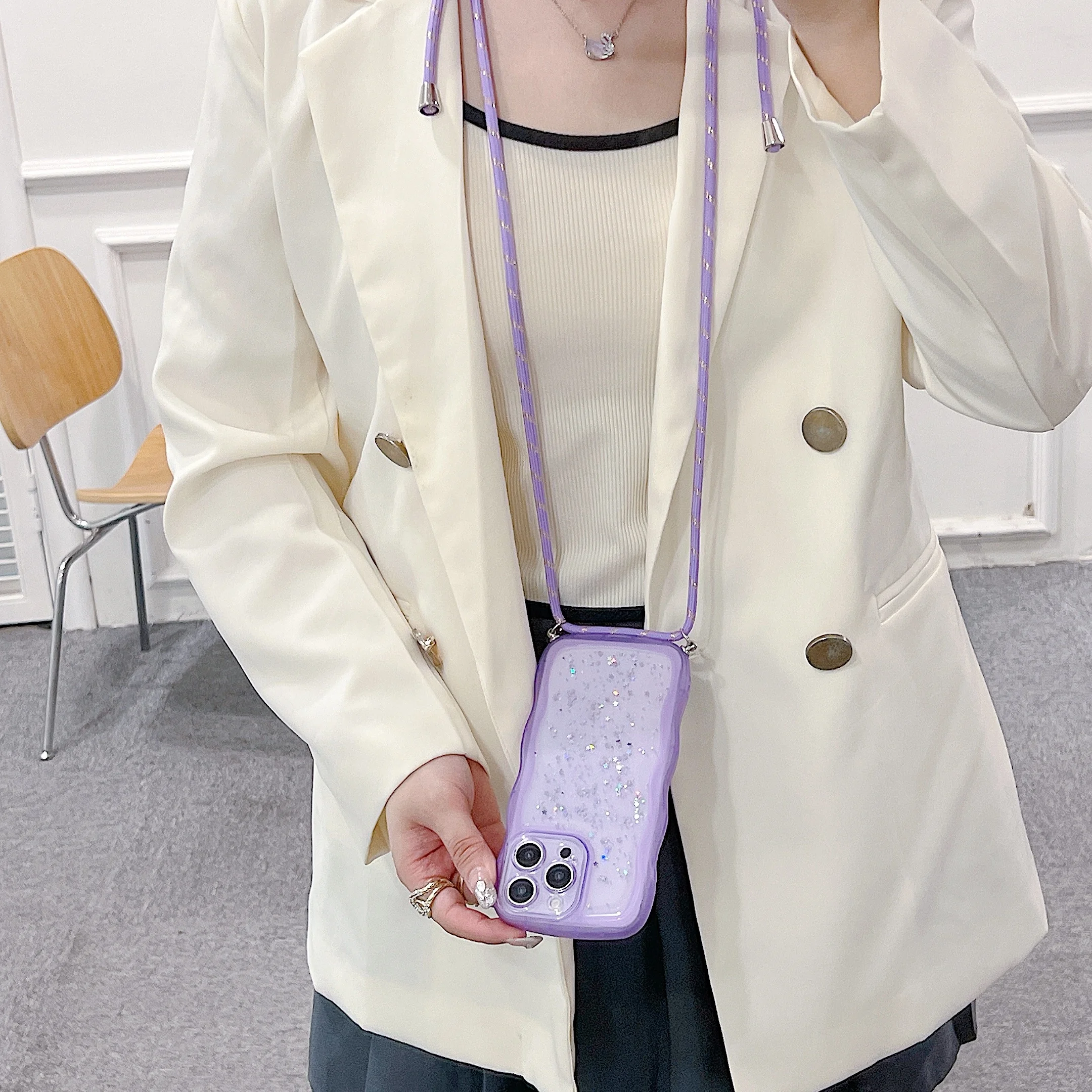 Adjustable Strap Case For Samsung Galaxy S24 Ultra S23 S22 S20 FE Note 20 A55 S21 Plus Star Glitter Crossbody Lanyard Neck Cover