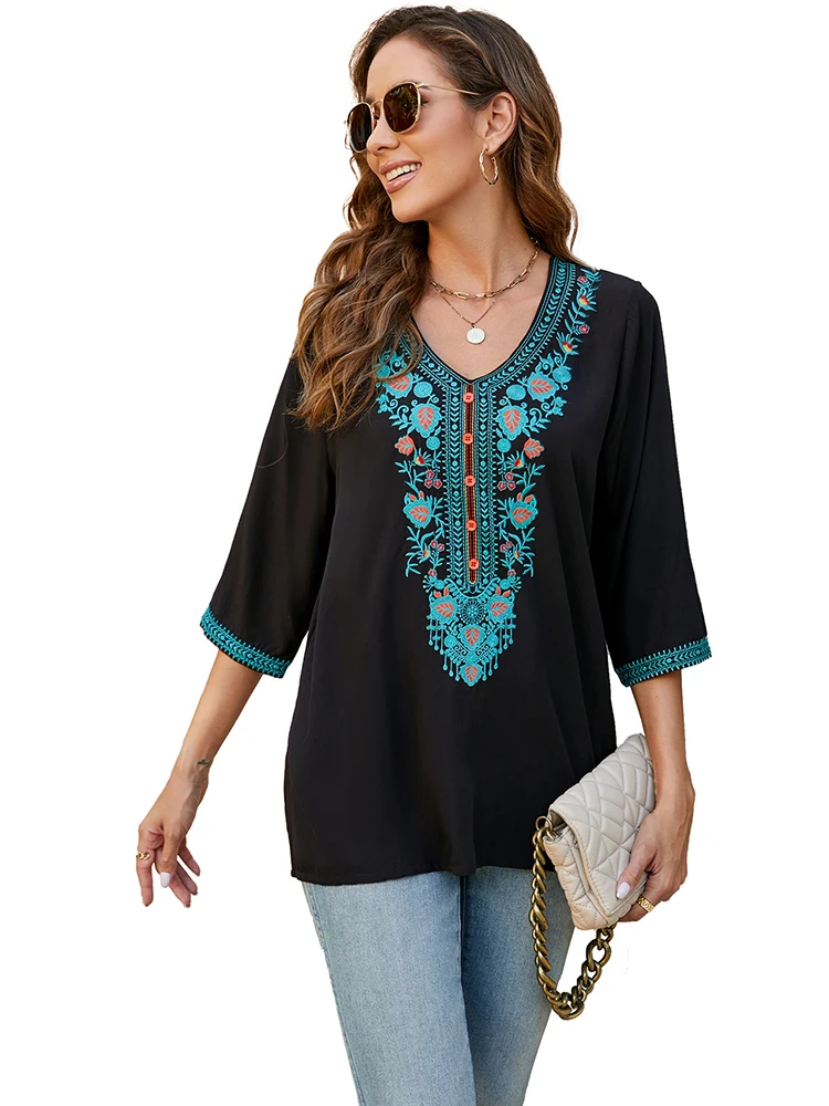 KHALEE YOSE Black Floral Embroidery Blouses Shirt V-neck Loose Ukraine Summer Boho Hippie Boho 23xl Ethnic Chic Shirt Women Top