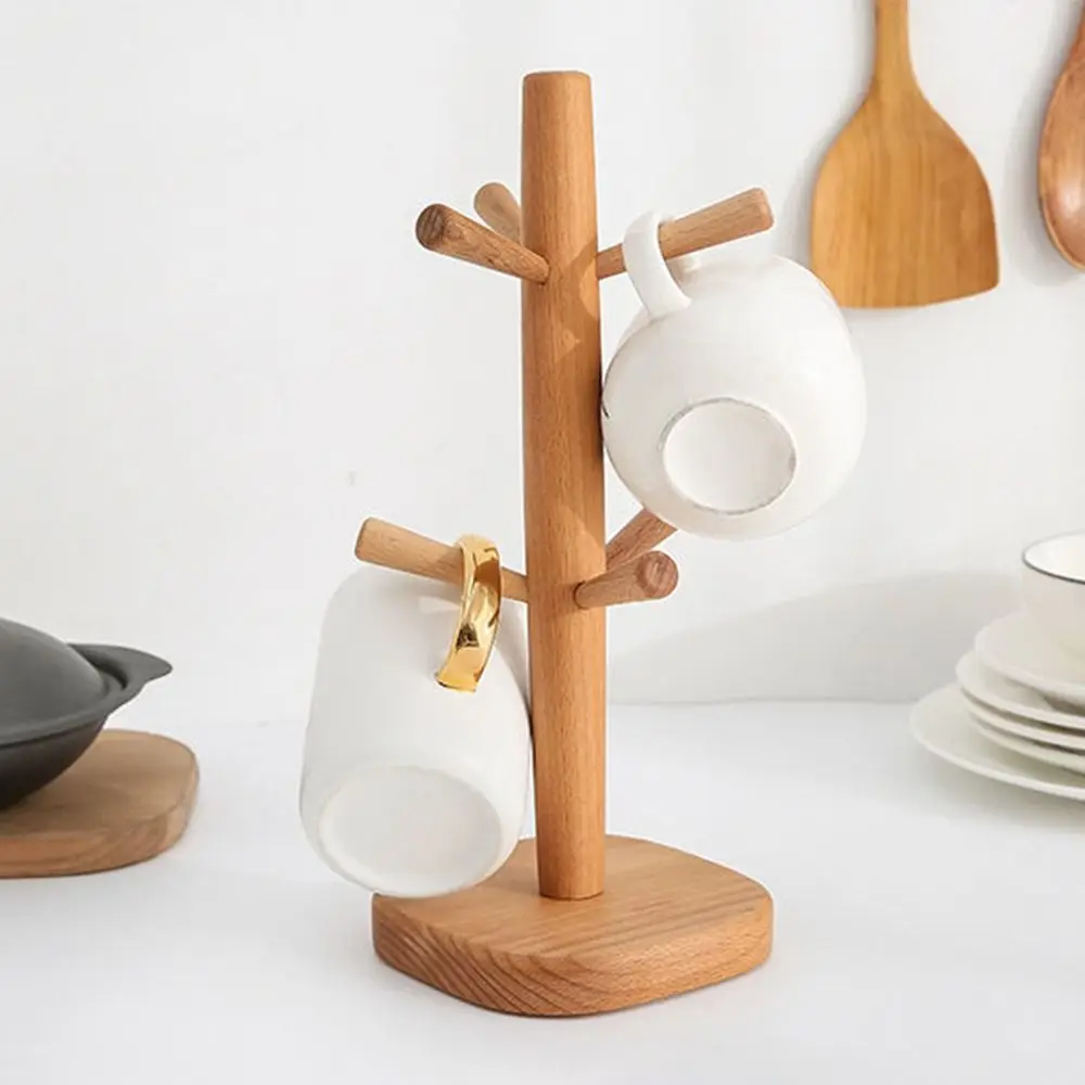 

Wooden Mug Hanging Display Rack 6 Hooks Vertical Cup Storage Holder Non-Slip Base Space Saving Tea Cups Drainer Kitchen Storage