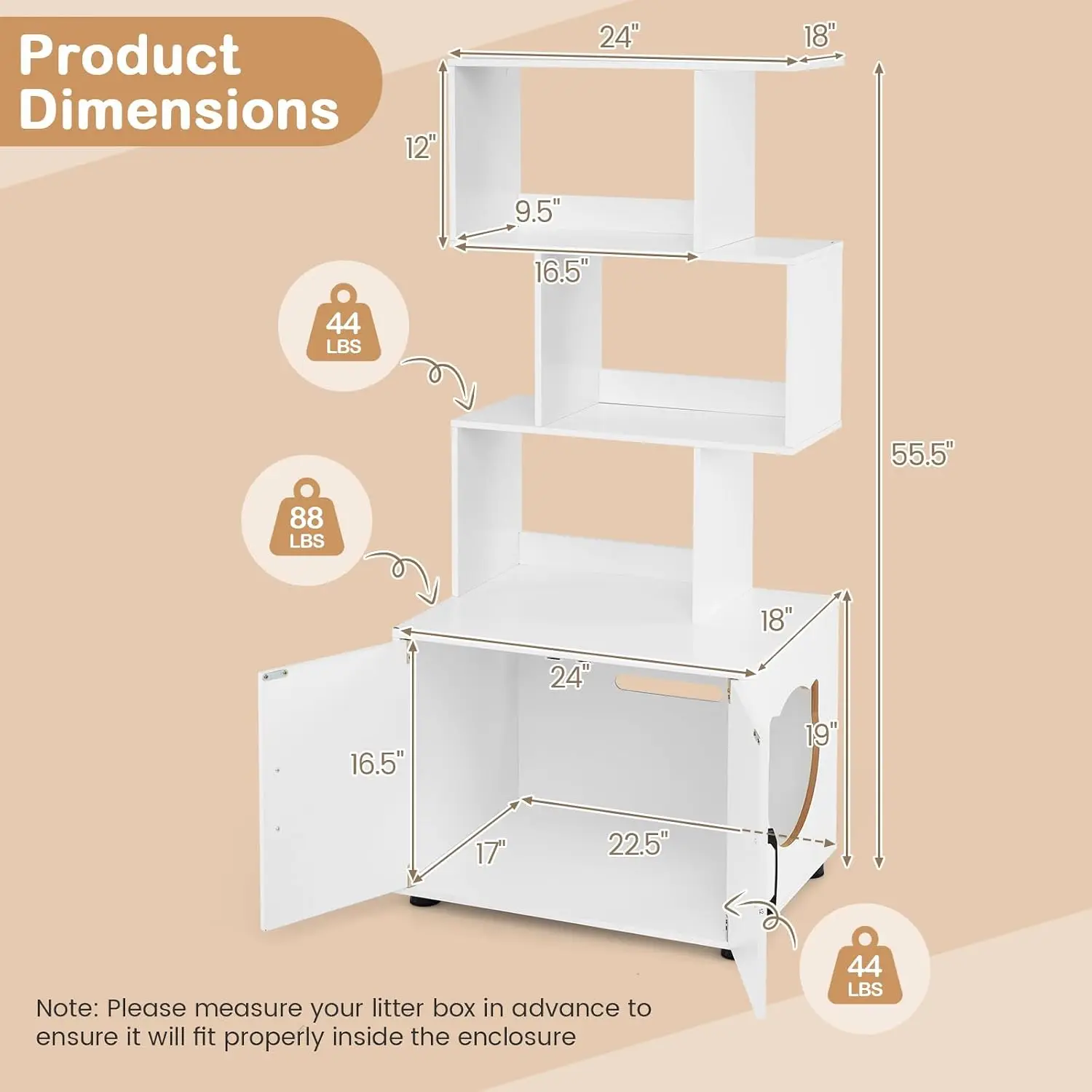 Cat Litter Box Furniture with 3 Shelves and Doors, White