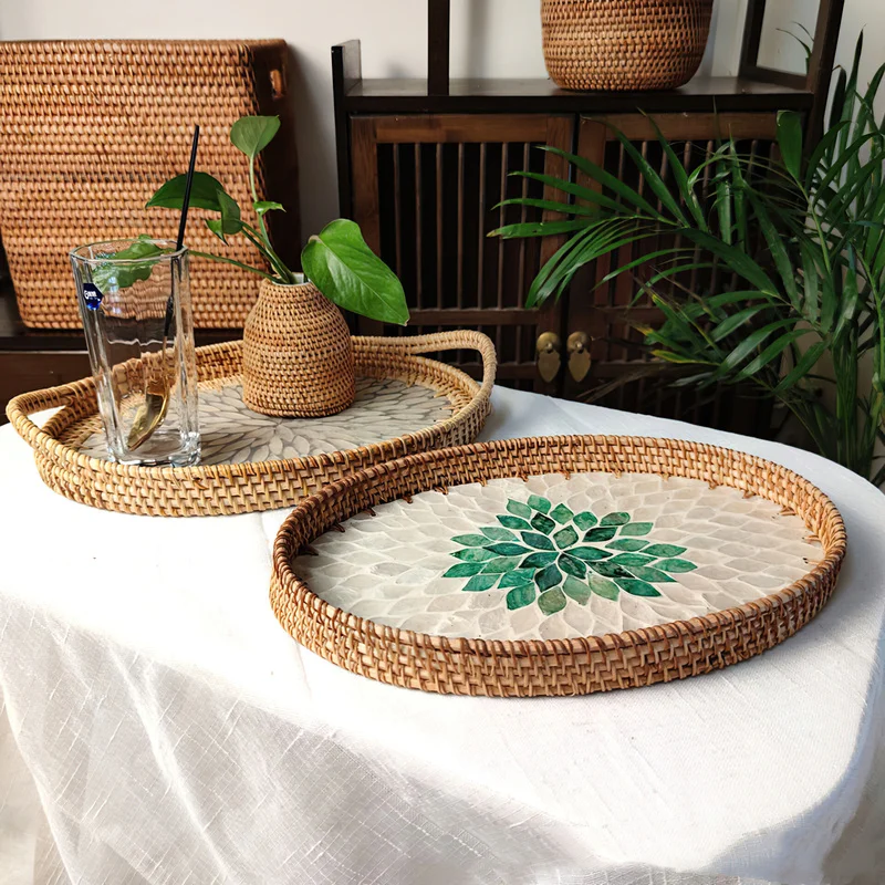 cesta de vime conchas naturais criativas cesta de rattan bandeja de frutas tecida à mão prato de café da manhã Bandeja de pão de café para lanches de bebidas armazenamento de louças domésticas Dropshipping