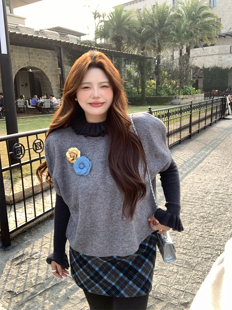 

plus Size Women's Knitted Sweater ort Sve High Ne Sl V-Ne Thiened Autumn Winter New Sle Lazy Faion Big S...