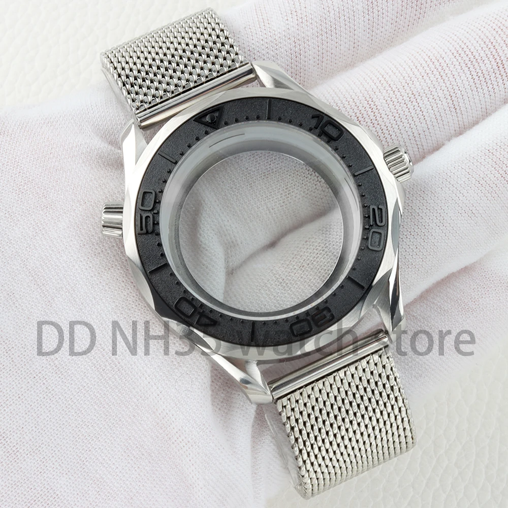 41mm-nh35-watch-case-solid-316l-stainless-steel-mesh-watchband-for-nh35-nh36-movement-seamaster-300-31mm-dial-10atm-waterproof
