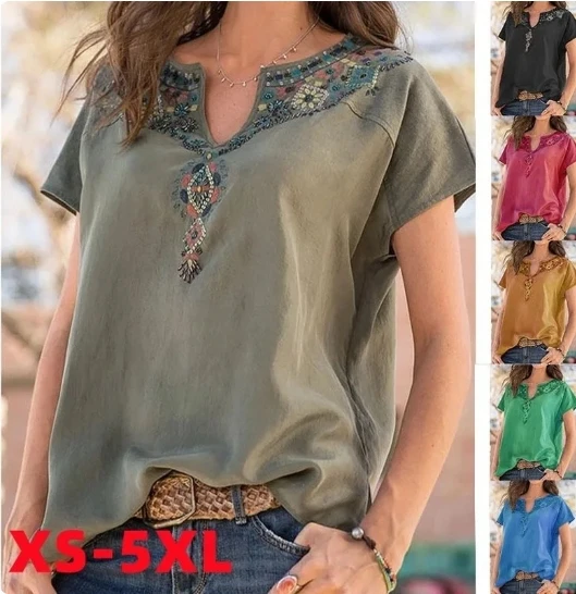 Sommer Frauen Kleidung Mode lose westlichen ethnischen Stil V-Ausschnitt Top Kurzarm T-Shirts Ausschnitt Druck alle passen weibliche Top