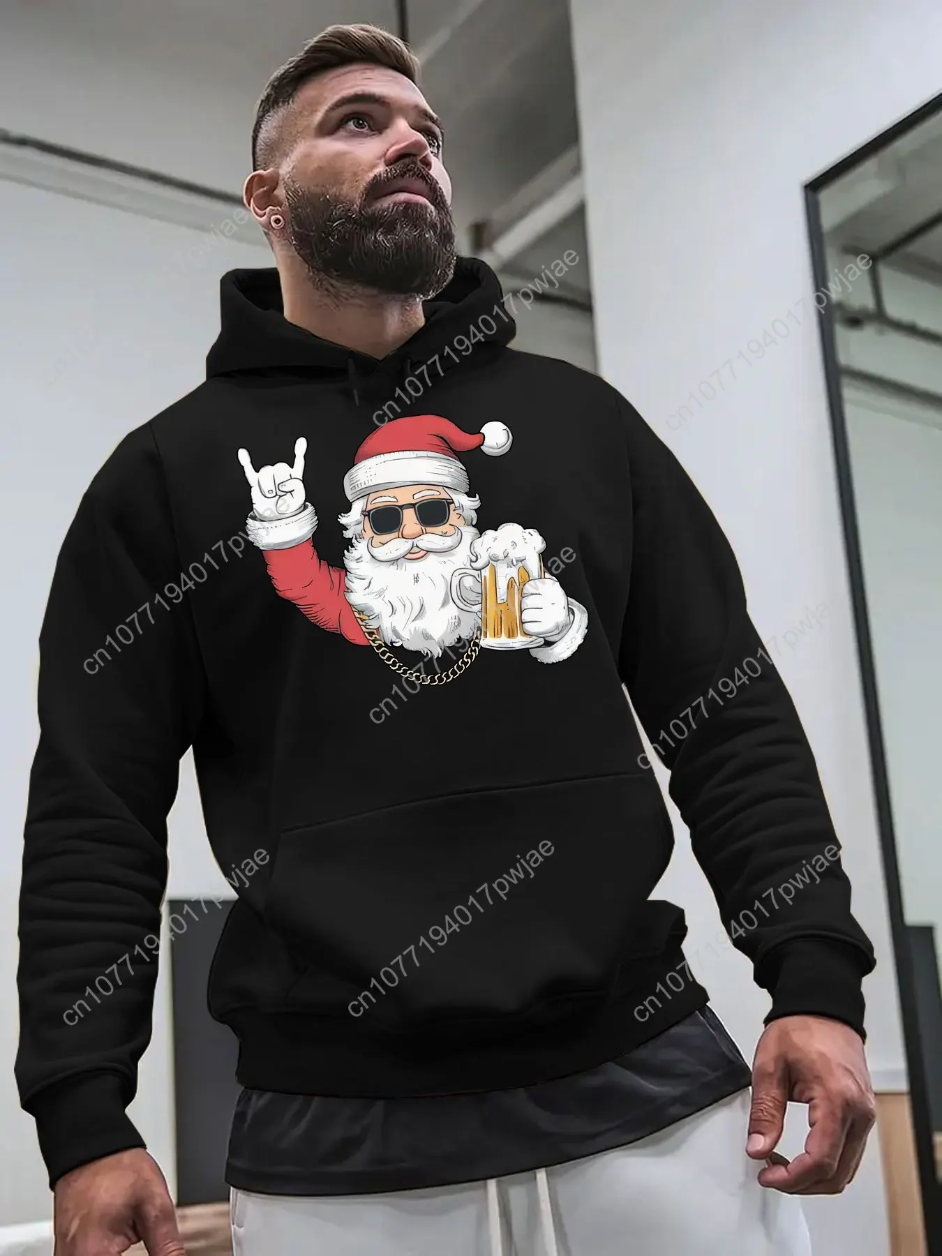 

Men's Christmas Santa & Beer Print Hooded Sweatshirt - Navy Blue Flocked Pullover with Pockets, Long Sleeve Casual Winter Sweate