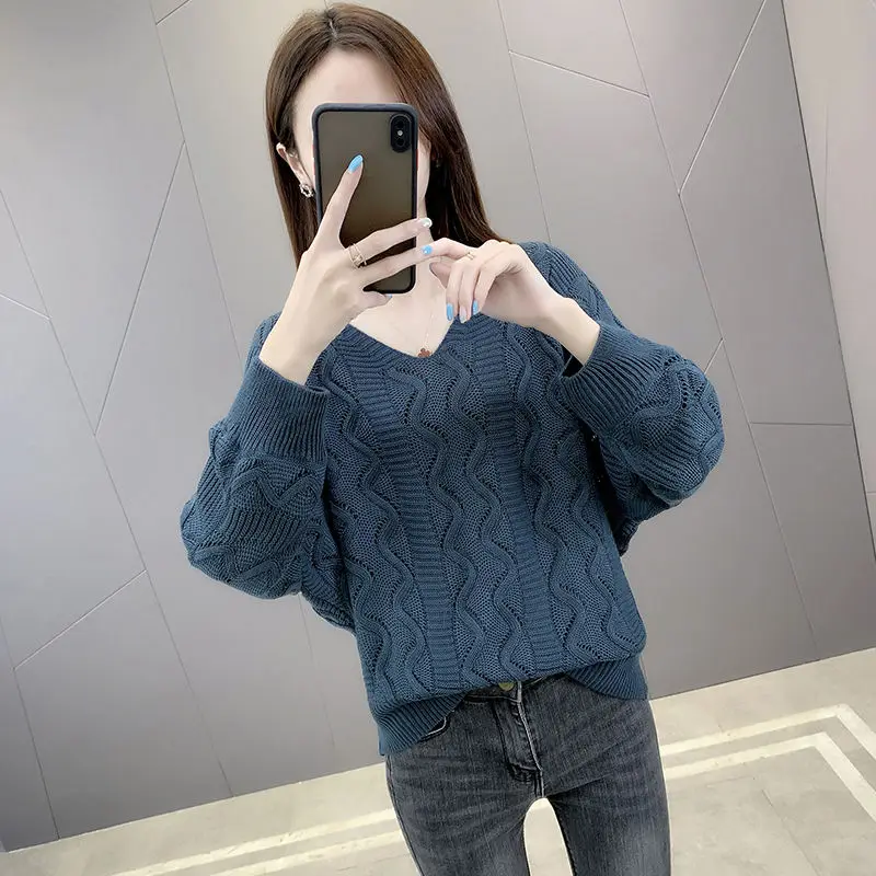 

Openwork Solid Sweater Female 2023 Summer New Mesh V-loose Blouse Short Bats In Thin Long Sleeve Casual Sweater T Shirt Spring