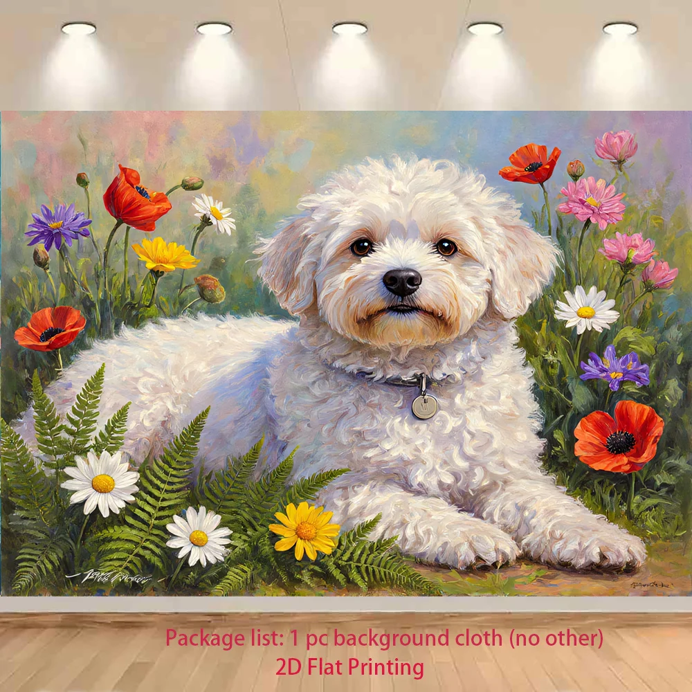 Cute White Puppy Tapestry, Floral Garden Dog Wall Hanging for Living Room Bedroom Decor, Colorful Pet Lover Art Gift