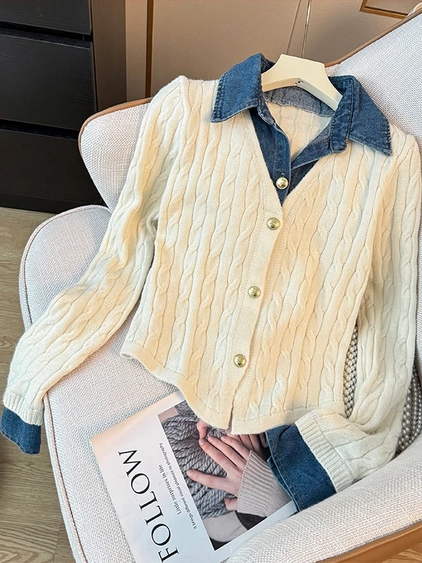 بلوزة نسائية محبوكة ذات ياقة زرقاء من قماش الدنيم طويلة Sve متعددة الاستخدامات للخريف والكلية ملابس تريكو غير رسمية...