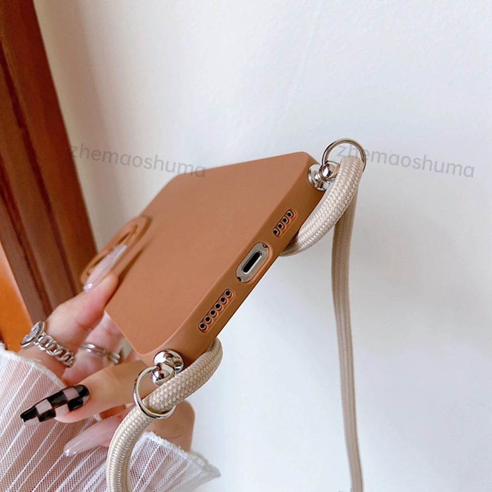 New Crossbody Necklace Cord Lanyard Square Liquid Silicone Phone Case For iPhone 13 12 11 Pro XS Max X XR 7 8 Plus SE Soft Cover