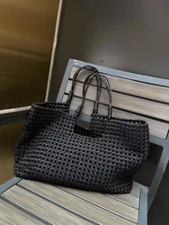 Large Capacity Hollow Tote Bag for Women 2024 Luxury Designer Brand Handwoven Handheld Shoulder Bag With Wallet Beach Bag Black