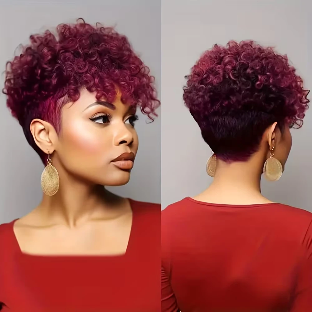 باروكات مجعدة باللون العنابي، باروكة شعر بشري قصيرة بقص عابث مع غرة للنساء، شعر برازيلي مصنوع آليًا، شعر مستعار مستقيم أسود طبيعي #2