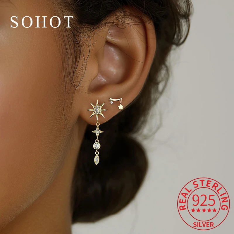 

1 Pcs Real 925 Sterling Silver Sun Star Zircon Tassels Mini Stud Earrings for Women Cute Fine Jewelry Personality Accessories