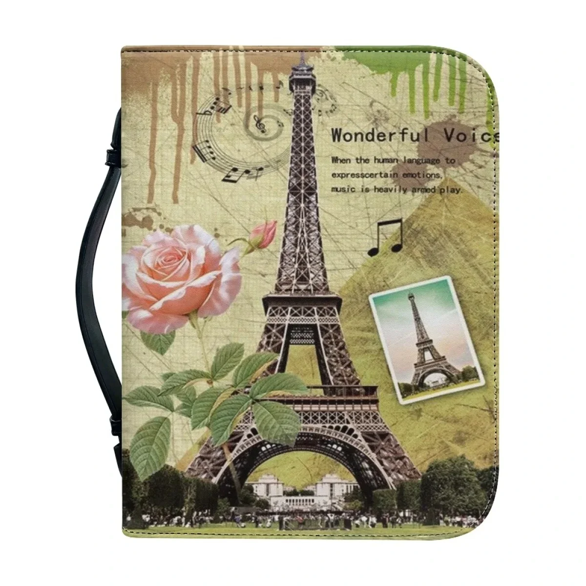 

Women's Bible Cover Case Trendy New Paris Eiffel Tower Pattern Print Leather Handbags Zipper Handle Study Book Holy Storage Box