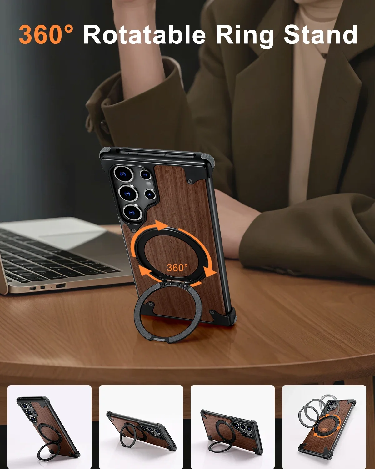 

Oatsbasf Solid Wood Phone Case for Samsung Galaxy S24/S25 Ultra with Kickstand 360° Rotate Magsafe Shockproof Protective Covers