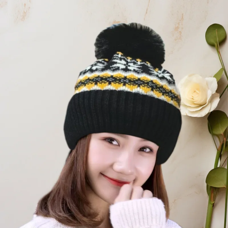 Winter Warm Knitting Hats Thick Plush Cap Beanies Pompom Ladies Versatile Ski Snow Beanies Velvet Hat