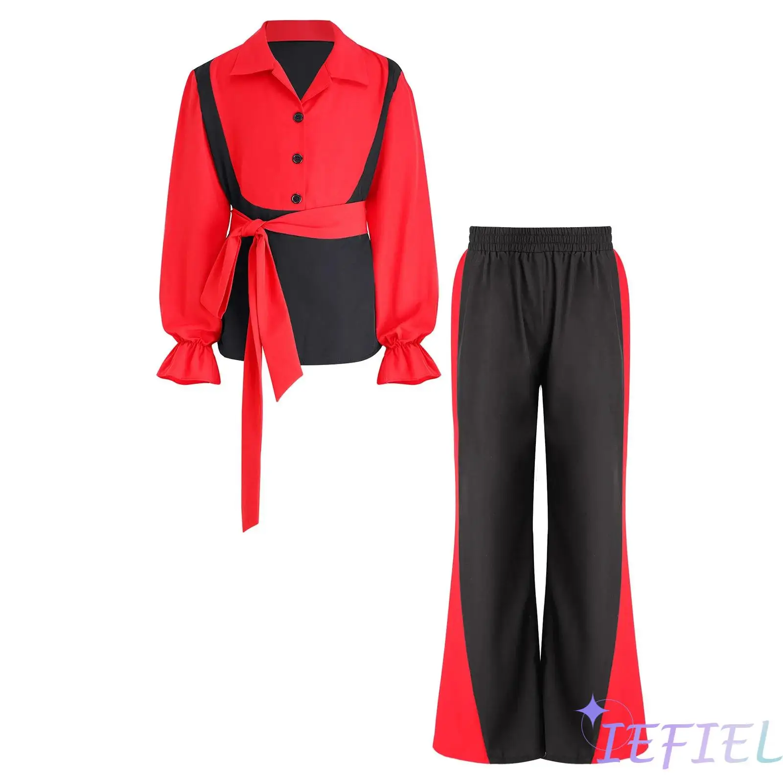 

Kids Boys Spanish Flamenco Dance Outfit Turn-down Collar Long Puff Sleeve Pullover Shirt+Pants+Belt Set Tango Latin Dancewear