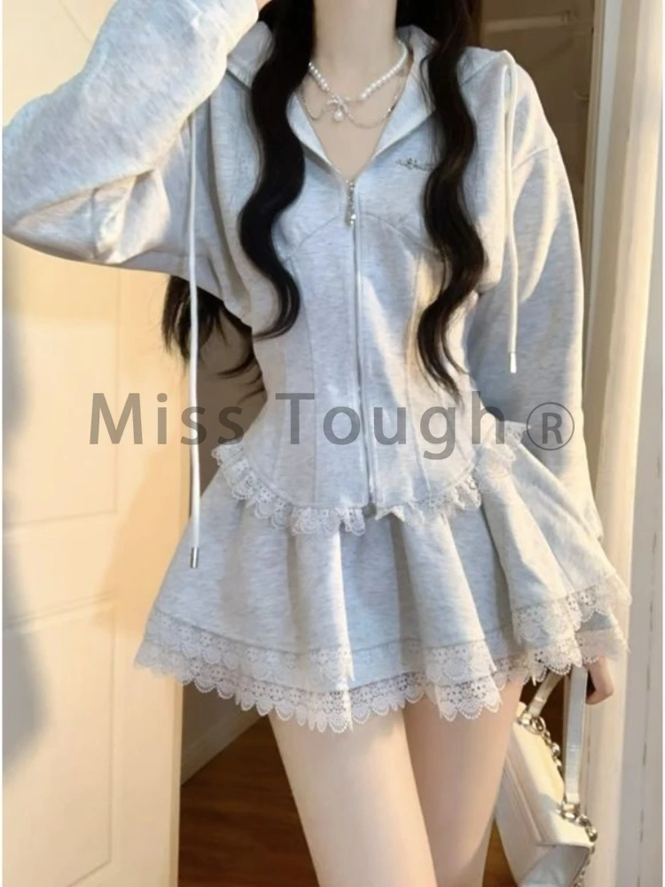 Japanese Kawaii Sweet 2 Piece Set Women Preppy Style Casual Y2k Lace Skirt Suit Famale Korean Zipper Tops + Mini Skirt 2023 New