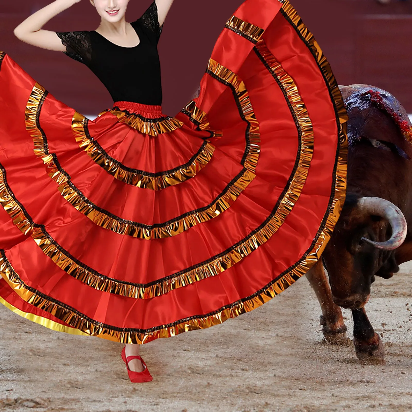 Falda de danza del toro español para mujer, falda de danza del vientre, falda oscilante grande con volantes, falda mexicana folclórica completa, vestido de baile fluido