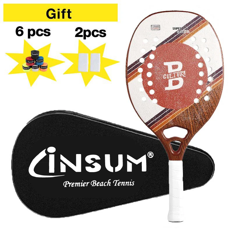 Racket Beach Tennis 100%/3K Carbon EVA Soft 22mm Beach Tennis Raquete Round Grit with Cover Bag