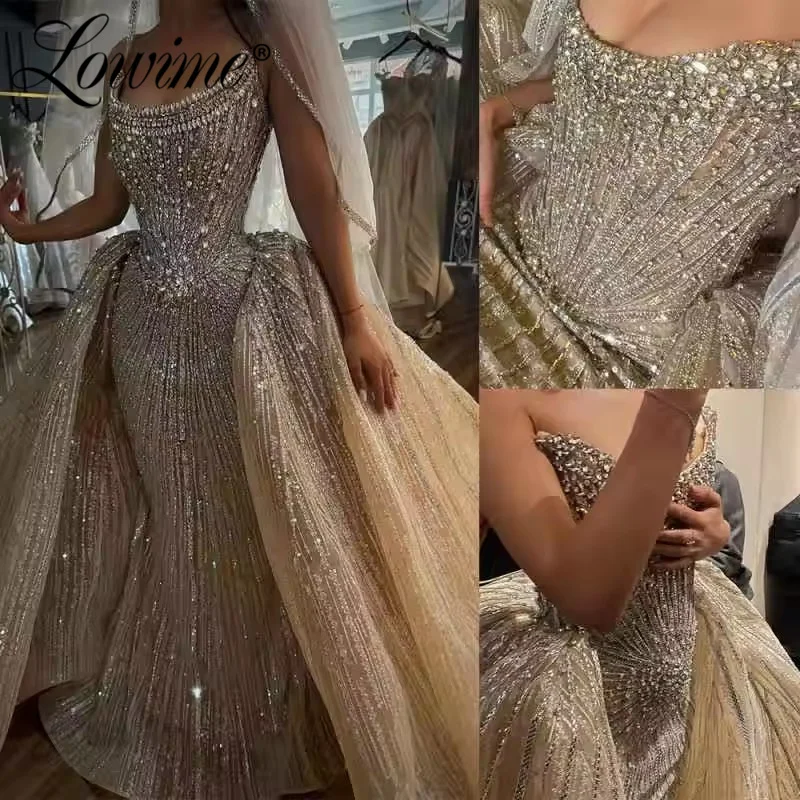 

Sparkle Beaded Crystals Champagne Prom Dresses Customized Mermaid Strapless Celebrity Dress With Detachable Train Overskirt