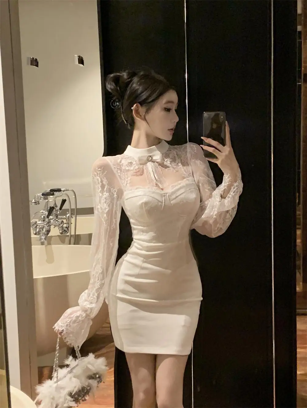 Topenomi Temperament Long Sleeve Party Dress Women Sexy Lace Long Sleeve Strapless Slim Fit Short Cocktail Prom Evening Dresses